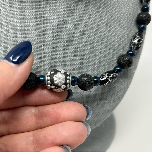 Classic Black Lava Rock Beaded Necklace with Blue and Black Marble Beads - Picture 3 of 11